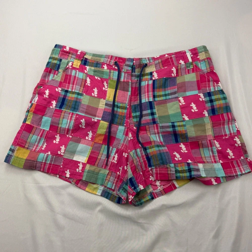 Disney Parks Plaid Patchwork Shorts Womens XL Pink Mickey Mouse Madras K490-3728